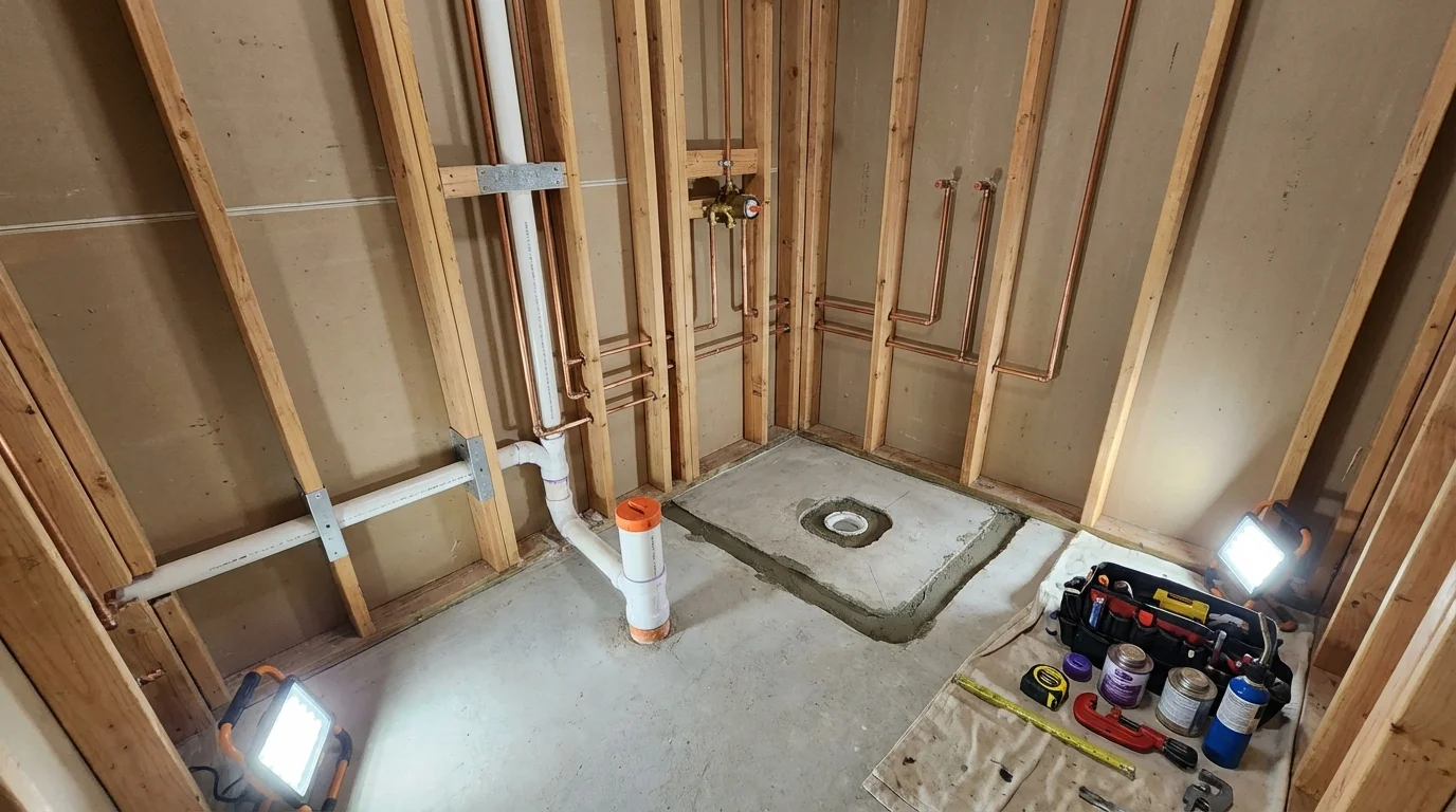 Bathroom rough-in plumbing during remodel by Johns Plumbing LLC in Ransomville