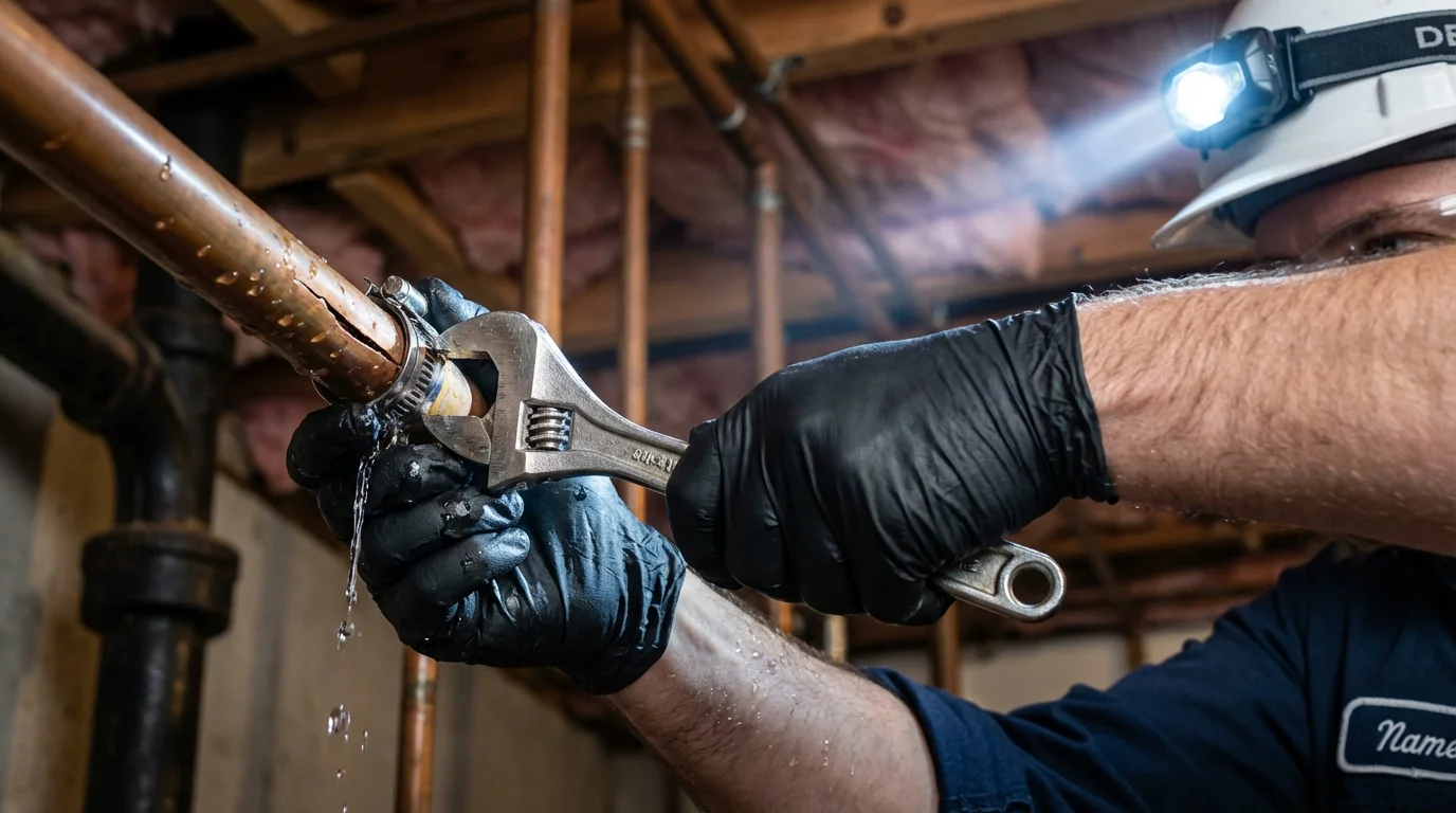 Emergency pipe clamp repair being performed by a Johns Plumbing LLC plumber in Ransomville
