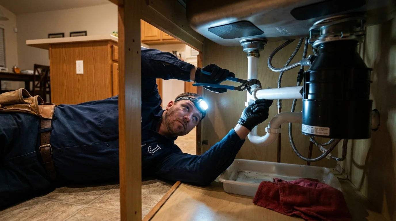 P-trap and supply line connections under a kitchen sink showing a common leak point in Ransomville, NY